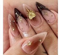 Uñas postizas almendradas Blush Ombré Edgy Black Tips Gold Star Sun Charms Uñas postizas antirrotura con lengüetas adhesivas - 24 unidades