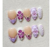 Uñas postizas almendradas cortas elegantes con diseño floral 3D en morado suave con tiras adhesivas 30 unidades