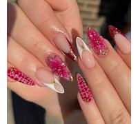 Uñas postizas almendradas largas uñas postizas con punta francesa rosa rojo flores 3D envolturas 24 unidades