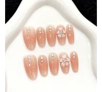 Uñas postizas almendradas medianas hechas a mano con flor 3D y pedrería, degradado rosa brillante, estilo ojo de gato francés veraniego para mujer, con pegamento, reutilizables, 10 unidades. (S)