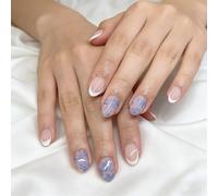 Uñas postizas blancas con punta francesa con diseño de flor y juego de 24 piezas brillantes y brillantes para niñas y mujeres, uso diario en días festivos, flores azules en pezuñas