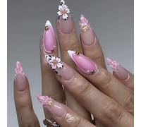 Uñas postizas brillantes a presión con forma de almendra, uñas adhesivas en 12 tamaños, 24 unidades de uñas francesas para decoración de uñas DIY