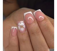 Uñas postizas brillantes francesas degradadas con detalles de flores, kit de manicura fácil para ocasiones especiales, purpurina degradada francesa a presión