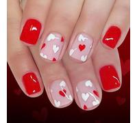 Uñas postizas brillantes para el día de San Valentín, 24 unidades, cuadradas, cortas, diseño de corazón rojo y blanco, para ocasiones especiales, uñas cortas rojas y blancas
