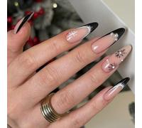 Uñas postizas clásicas con bordes negros con acabado brillante, duraderas, ABS, para Navidad, vacaciones, fiestas, arte de uñas