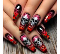 Uñas postizas con diseño floral de terror, de larga duración, de ABS, ideales para fiestas, uso diario, Halloween, eventos, tema de terror, uñas postizas a presión
