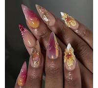 Uñas postizas con forma de almendra, con pegamento en forma de prensa de flores, para mujeres y niñas, diseño de uñas postizas