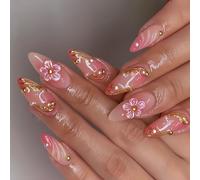 Uñas postizas con forma de almendra floral, diseño francés, materiales ABS, no se necesitan herramientas para un uso sin esfuerzo, arte de uñas francesas