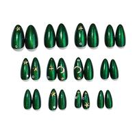 Uñas postizas con forma de almendra y ojo de gato verde, de ABS para fiestas, bodas, uso diario, fácil de aplicar, color almendra