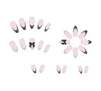 Uñas postizas con patrón de puntos negros y blancos, estilo francés, con lazos, a presión, elegantes, para mujer