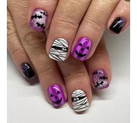 Uñas postizas con punta francesa for Halloween - 24 uñas postizas cuadradas cortas - Uñas postizas a presión con diseño de mueca de momia(Purple)