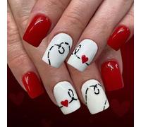 Uñas postizas cortas con patrón de llama de corazón rojo, superficies brillantes, paquete de 24 unidades, materiales ABS, uñas para ocasiones especiales, arte para el día de San Valentín, uñas a