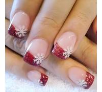 Uñas postizas cortas cuadradas a presión con punta francesa brillante con diseños adhesivos para mujer, 24 piezas