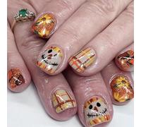Uñas postizas cortas cuadradas de aplicación rápida con temática de Acción de Gracias, diseño floral y payaso, decoración artística para mujer