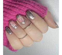 Uñas postizas cortas cuadradas de Navidad, uñas postizas a presión, diseño de copo de nieve, uñas postizas brillantes, cubiertas completas, uñas adhesivas para mujer