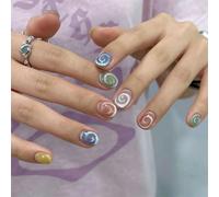 Uñas postizas cortas cuadradas hechas a mano con diseño de ojo de gato arcoíris para decoración de uñas de verano para mujeres y niñas, 10 unidades (A7-S)