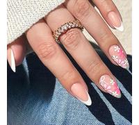 Uñas postizas cortas de almendra a presión, con diseños florales coloridos, uñas artificiales, manicura francesa brillante para mujeres y niñas, 24 unidades