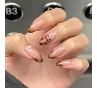 Uñas postizas cortas de almendra con diseño de lazo, puntas francesas, brillantes, cubiertas completas, uñas postizas cortas de almendra