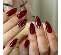Uñas postizas cortas MouyouGlow,Almendra Christmas Rojo Burgundy 3D Diamant Monocolor Design Striped Short Press on Nails,Wine Red Crystal New Year XMAS Fake Nails