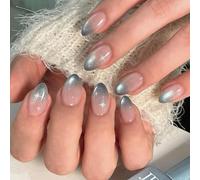 Uñas postizas cortas MouyouGlow, almendra desnudo, degradado, azul, estrella, Cat Eye Magnetic Design Brillantini Short Press on Nails, Ombre Blue Phototherapy Sweet Estate INS Fake Nails
