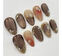 Uñas postizas cortas MouyouGlow,Almendra Marrón Oro French 3D Flores Floral Diamond Cat Eye Magnetic Design Short Press on Nails,Brown Flowers Gemstone Phototherapy INS Fake Nails