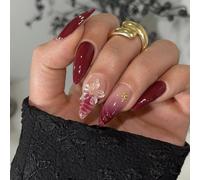 Uñas postizas cortas MouyouGlow, almendra roja Burgundy French 3D Flores Floral Oro Beans Design Navidad Press on Nails, Wine Red Flower Herbst Winter INS Christmas Fake Nails