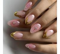 Uñas postizas cortas MouyouGlow, almendra rosa 3D oro Gold Striped French Diamant Stella Design Short Press on Nails, Pink Star Crystal INS Sweet Estate Fake Nails