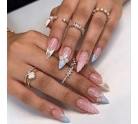 Uñas postizas cortas MouyouGlow, almendra rosa francesa 3D flores floral Perle Striped Design Short Press on Nails, Pink Tips Twill Flower Sweet Estate INS Fake Nails