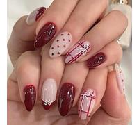 Uñas postizas cortas MouyouGlow,Almendra Valentine Rojo Papillon Bow Tie French Kariert Cuore Design Press on Nails,Red Heart Love Sweet INS Artificial Fake Nails