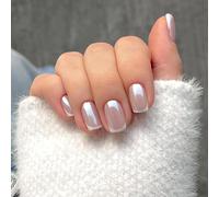 Uñas postizas cortas MouyouGlow, cuadradas blancas francesas desnudas rosa base glaze Chrome Design Short Press on Nails,White Tips Pink Natural Summer INS Artificial Acryl Fake Nails