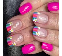 Uñas postizas cuadradas a presión con diseño de flores coloridas, pegamento en acrílico artificial, 12 tamaños, 24 unidades, diseño de palo falso