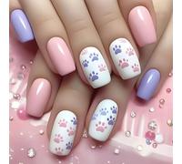 Uñas postizas cuadradas a presión con diseño de patas de gatos, uñas postizas francesas, uñas postizas acrílicas, uñas artificiales para mujer