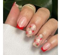 Uñas postizas cuadradas a presión francesas con diseños de fresa, acrílico artificial, pegado en uñas postizas