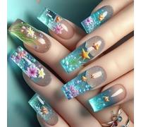 Uñas postizas cuadradas con diseño de pez payaso transparente con diseño francés de mar azul, fáciles de aplicar, ovaladas, brillantes, para mujer, fácil aplicación, uñas postizas a presión