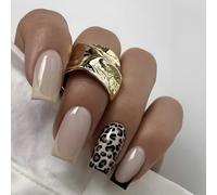 Uñas postizas cuadradas cortas a presión con patrón de leopardo con punta francesa, uñas postizas acrílicas para mujer, 24 unidades