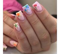 Uñas postizas cuadradas cortas a presión, diseño de llama, decoración de uñas francesas de verano para mujeres y niñas, 24 piezas