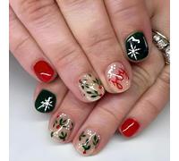 Uñas postizas cuadradas cortas con copos de nieve, uñas artificiales, cobertura completa, uñas adhesivas de Navidad, uñas a presión para mujeres y niñas