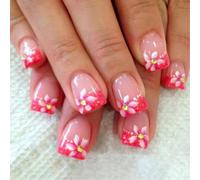 Uñas postizas cuadradas cortas con diseño floral de primavera, con purpurina, acrílico brillante francés, para mujer, 24 unidades, fácil aplicación de uñas