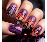 Uñas postizas cuadradas fáciles de aplicar, diseño de árbol de Halloween, durabilidad, construcción ABS para fiestas de disfraces, uso diario, violeta, bosques, longitud media falsa, ovalada