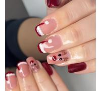Uñas postizas cuadradas festivas con diseño de reno de Papá Noel, punta francesa, decoración de manicura, 24 piezas