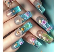 Uñas postizas cuadradas francesas brillantes con temática de océanos de pez payaso azul, 24 unidades, materiales ABS de varios tamaños para ocasiones elegantes, océanos azules a presión
