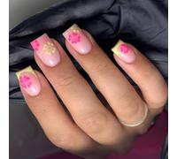 Uñas postizas cuadradas francesas con pegamento en palo, prensa de flores, para mujer, diseño de uñas postizas