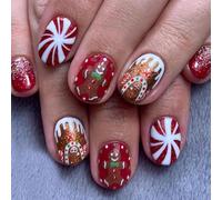 Uñas postizas de dibujos animados con diseño de pan de jengibre para hombre, diseño de casa de caramelos, cubiertas completas, prensa de Navidad artificial, pan de jengibre, palo de casa de caramelos