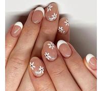Uñas postizas de flores con purpurina, fácil aplicación, estilo francés, elegante, para fiestas, arte esencial para eventos, diseño floral blanco