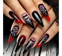 Uñas postizas de Halloween con diseño de gota de sangre de murciélago de rosa roja, luz ABS para disfraz de fiesta, fácil aplicación, murciélago, rosa, ABS, para disfraz de fiesta, fácil aplicación