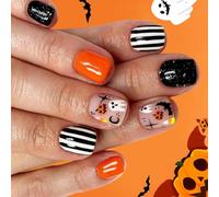 Uñas postizas de Halloween con rayas fantasmales, diseño de murciélago, calabaza, accesorios de belleza, calabaza, murciélago, uñas postizas