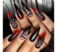Uñas postizas de Halloween con rosa roja de murciélago, luz de sangre, uñas postizas ABS para disfraz de fiesta, fácil aplicación