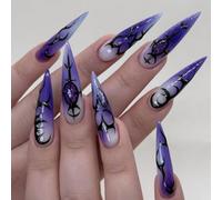 Uñas postizas de Halloween Press-On - uñas postizas largas en color morado con diseño de encanto negro, uñas postizas para mujeres, juego de 24 unidades