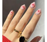 Uñas postizas de moda a rayas cortas a presión con diseños de corazón, accesorios para un aspecto único del día de San Valentín, arte de uñas para mujer
