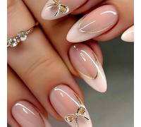 Uñas postizas elegantes de color rosa nude con punta francesa almendradas lazo dorado curvado en 10 tamaños - Kit de 24 uñas adhesivas para uso diario